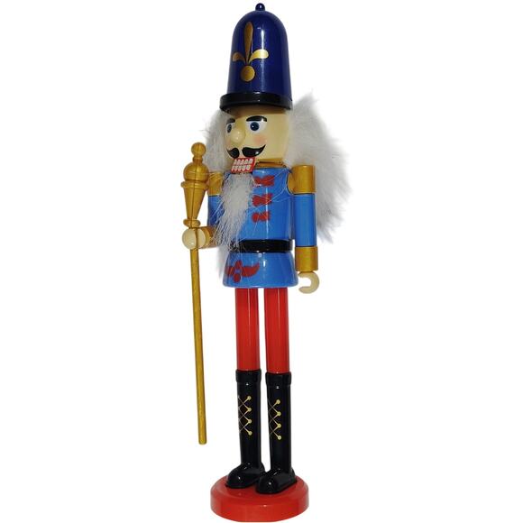 Christmas Nutcracker Soldier Figure Plastic 9" Holiday Decor Blue Red Gold Staff - Picture 1 of 4